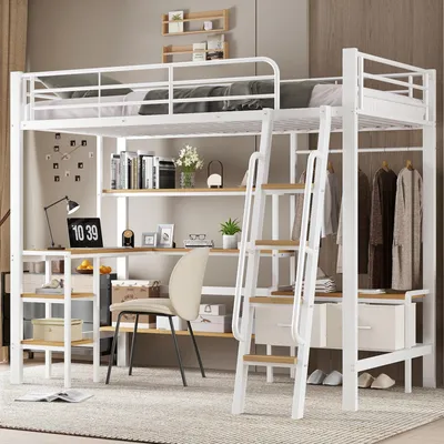 Produktbild von okwish Hochbett 90×200 mit zwei Stoffaufbewahrungsboxen, Jugendbett mit offenen Fächern,Metallbett,Weiß,ohne Matratze