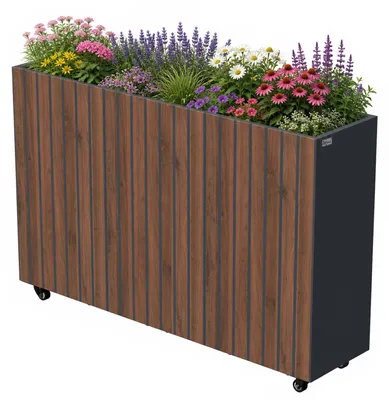Zdjęcie produktu dla Podwyższona grządka Zelsius ze stali ocynkowanej z kółkami, 120 x 30 x 80 cm, kolor antracytowy RAL 7016, imitacja drewna orzechowego