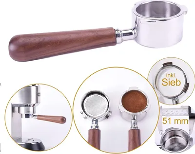 Produktbild von [JOEFREX] Bodenloser Siebträger 51mm für Delonghi Dedica EC680, EC685 & EC885 - portafilter 51mm aus Walnussholz und Edelstahl - Qualitäts Kaffeezubehör by