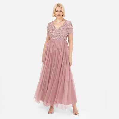 Produktbild von Maya Deluxe Damen-Maxikleid mit V-Ausschnitt, verziert, V-Ausschnitt, Kurze Ärme