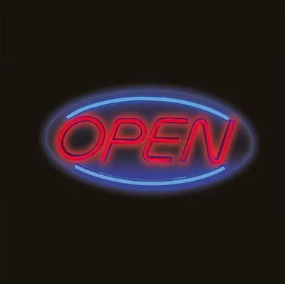 A neon sign that says "OPEN" in red letters, outlined by a blue oval.