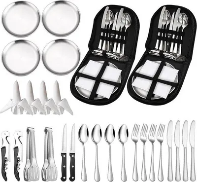 Produktbild von Famanu Campingbesteckset 28-teilig für 4 Personen - tragbare Besteckset für Outdoor und Picknick