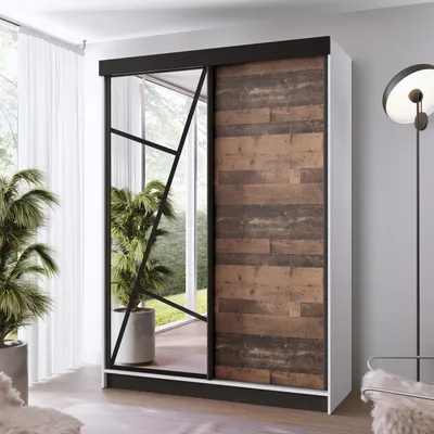 Produktbild von FurMeb24 Schiebetürenschrank LOE 138x205x59 cm Kleiderschrank mit Spiegel, 2-türiger Schiebeschrank (WEISS/ALTSTIL)