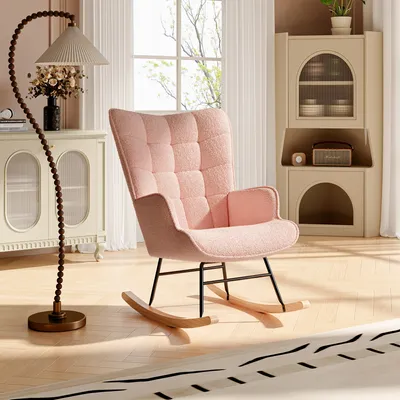 Produktbild von CDGlobal Schaukelstühle Teddystoff, Gemütlicher Teddy Sessel Zum Stillen, Relaxstuhl Stillsessel Schaukelstuhl Holz für Wohnzimmer Schlafzimmer, Bequeme Lesesessel für Kinderzimmer, Rosa