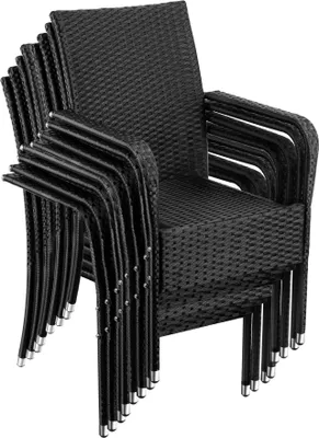 A stack of black rattan chairs.