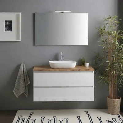 Immagine prodotto di Mobile bagno sospeso 100cm bianco lucido top rovere naturale, specchio | Benaco
