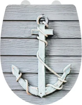 A toilet seat cover with a nautical anchor design.