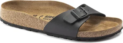 A single black Birkenstock sandal is shown from a side-angle on a white background.