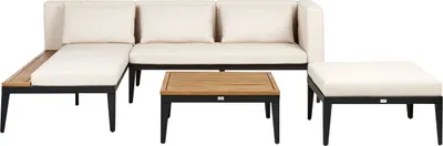 Produktbild von BELIANI Lounge Set 3-Teilig Rechts Hellbraun es Akazienholz u. Aluminium 3-Sitzer mit Auflagen Modern Garten Ecksofa mit Tisch und Ottomane