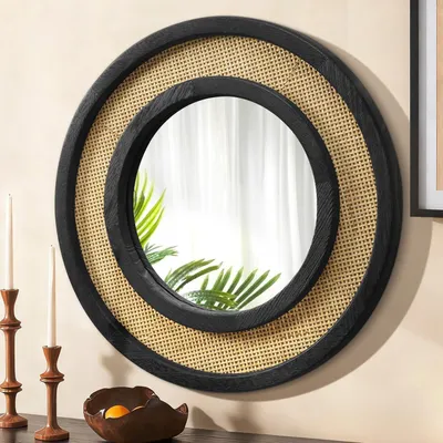 Immagine prodotto di Specchio da parete rotondo con cornice in legno nero, diametro 60 cm