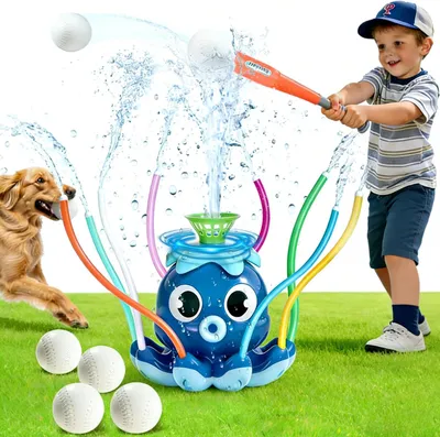 Productafbeelding van Watersproeier, 2-in-1 T-ballenset, blauw, voor buiten, 4 ballen, voor kinderen van 3 tot 12 jaar