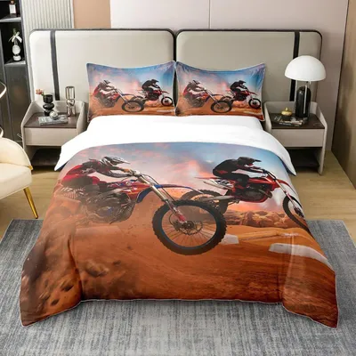 Productafbeelding van Beddengoedset 200x200 cm, motorkruisrijder, 100% katoen, meerkleurig, inclusief 2 kussenslopen van 80x80 cm