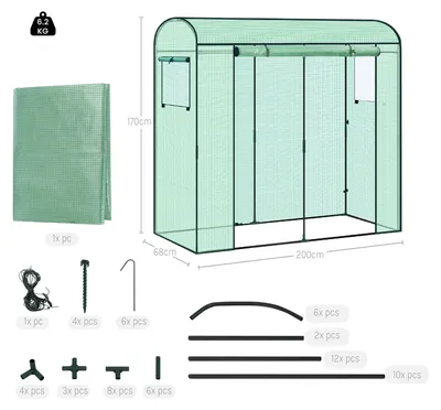 Image de Serre en film plastique - Serre de jardin - 200 x 66 x 170 cm - Avec porte - Avec fenêtres - Pour légumes - Vert