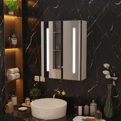 Produktbild von Badezimmer Spiegelschrank mit LED Beleuchtung,Spiegelschrank Badezimmer Spiegel, Badezimmerschrank,Hängeschrank, Dimmbar, Beschlagfrei 45x60x15cm