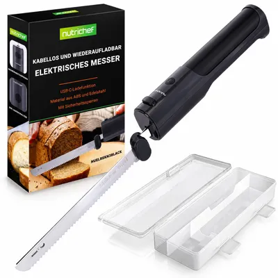 Obrázok produktu pre Elektrický kuchynský nôž NutriChef – akumulátorový nôž s nerezovými čepeľami, USB-C, 11,42″ nerezové čepele, čierny
