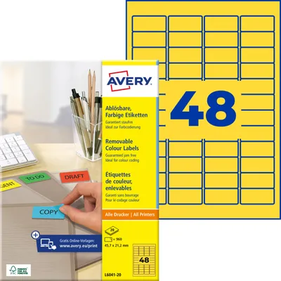 Produktbild von Avery Zweckform L6041-20, Farbige Etiketten, ablösbar, A4, 45,7 x 21,2 mm, 960 Etiketten / 20 Bögen, gelb