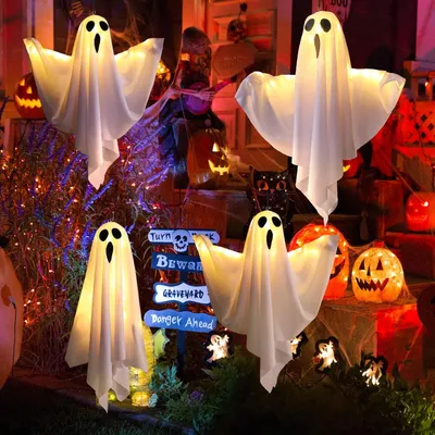 Produktbild von Halloween Geist Deko 4er Set mit LED Licht, wetterfeste Hängedeko für Garten, Terrasse und Haus, gruselige Party Dekoration für Halloween