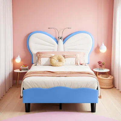 Obrázek produktu pro Dětská postel INONEFT, 90x200 cm, s LED osvětlením, dívčí čalouněná postel s nastavitelnou opěrkou hlavy, postel pro teenagery ve tvaru motýla, jednolůžko, modrá barva