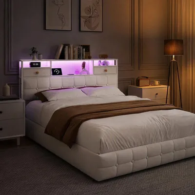 Image de UnboxG, lit rembourré 160 x 200 cm, couleur beige, lit coffre hydraulique avec tête de lit multifonctionnelle, tiroirs et étagères, éclairage LED, ports de charge USB-A et USB-C, sommier à lattes, revêtement en velours