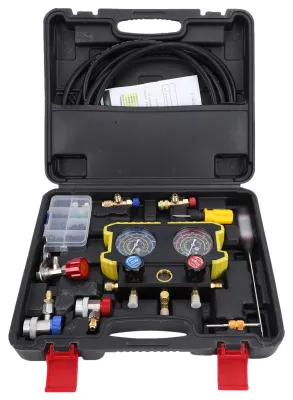 Produktbild von Manometer-Set für Klimaanlagen, Druckmessgerät für Kältemittel R134A, R22, R410, Befüll-Set für Klimaanlagen für Fahrzeuge mit Verbrennungsmotor oder Elektroantrieb