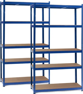 Obrázek produktu pro Wiltec sada 2x těžkých regálů 100x50x200cm, 200kg/úroveň, bezšroubové regály modré, zátěžový regál s 5 policemi, dílenské regály