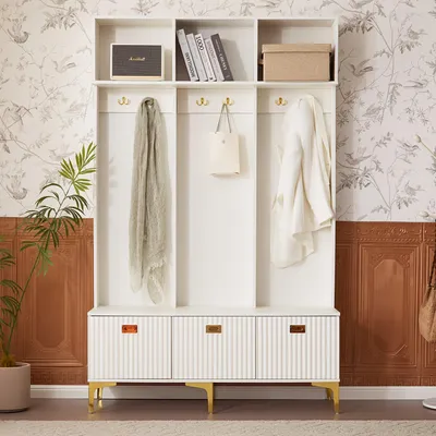 Produktbild von Weißer Holz-Garderobenständer - Wandgarderobe - Garderobenbank - Garderobenständer mit Sitzbank - Schuhschrank - 4 Haken