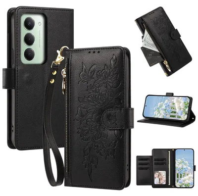 Produktbild von Handyhülle für Xiaomi Redmi 15 5G/4G, Wallet Case Kunstleder mit Kartenfächern, Reißverschluss und Handschlaufe Schwarz