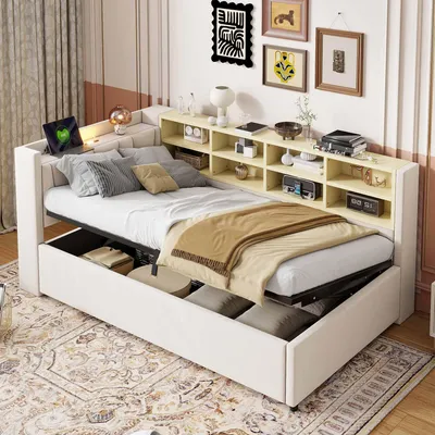 Image de Flieks Lit rembourré 90x200cm avec fonction de chargement et veilleuse, Lit de jour Canapé-lit avec dossier et espace de rangement, Lit d'adolescent Lit d'enfant Velours, Beige