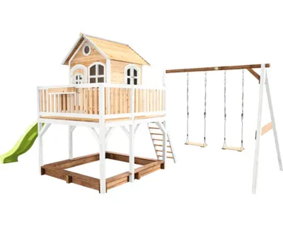 Produktbild von AXI Spielhaus Liam mit Sandkasten, Doppelschaukel & hellgrüner Rutsche | Stelzenhaus XXL in Braun & Weiß aus  Holz für Kinder | Spielturm mit