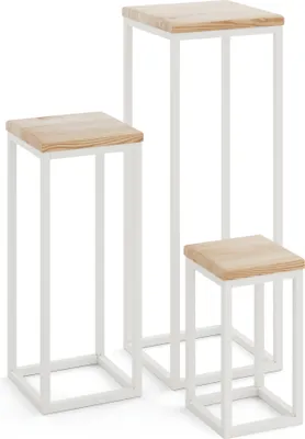 Produktbild von LAMO Manufaktur Pflanzenständer Set - 3 Stücke 30/50/70 cm | Blumenständer Weiss Metall | Blumenhocker Holz mit Natur Farbe | 100% Echtholz | Sockel für Zimmerpflanzen