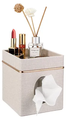 Image de Omgoods - Boîte à mouchoirs en lin avec compartiment de rangement - Boîte à mouchoirs beige pour la maison et le bureau