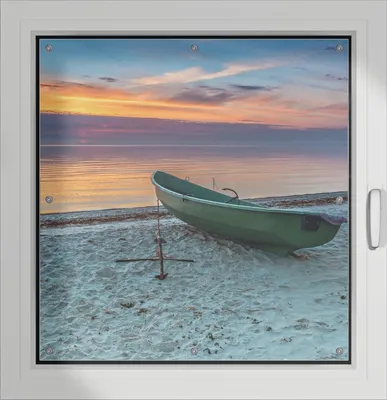 Produktbild von Wallario Lichtschutzbild, Dekorativer Sichtschutz Sonnenschutz 96 x 100 cm mit Motiv: Einsames Fischerboot mit Anker am Strand - Verdunklung ohne Bohren