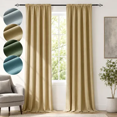 Produktbild von Geprägte Vorhänge Beige 2er Set Blickdicht 85% - 310GSM Thermo Gardinen Samt Vorhang 132x274cm Verdunkelungsvorhang mit Multifunktionsband Kräuselband Wohnzimmer Schlafzimmer