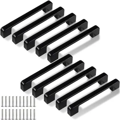 Obrázek produktu pro Úchytky na zásuvky do kuchyně a koupelny, 128 mm, černé, balení po 10 kusech, čtvercové, včetně 20 šroubů.