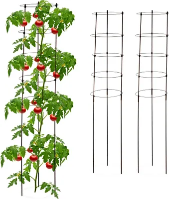 Produktbild von Relaxdays Rankhilfe, 3er Set, 5 Ringe, HxD 150x28 cm, Blumen & Nutzpflanzen, Metall und Kunststoff, Tomatenturm, schwarz