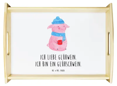 Produktbild von Mr. & Mrs. Panda Tablett Schwein Glühwein - Weiß - Geschenk, Weihnachten, serviertablett holz, aus, Servier, Weihnachtsmarkt, betttablett, Punsch, Glühschwein, für bett