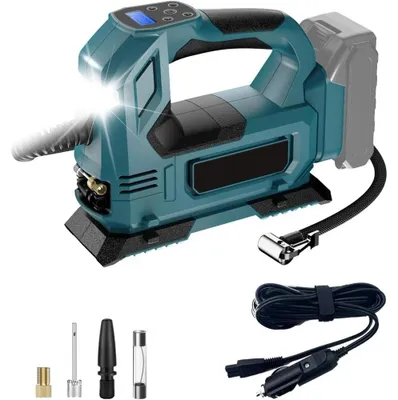 Zdjęcie produktu dla Kompresor powietrza do opon - Bezprzewodowa, przenośna pompka powietrza - Wyświetlacz cyfrowy - Oświetlenie LED - Adapter samochodowy 12V - Do samochodów, motocykli i rowerów - Bez akumulatora