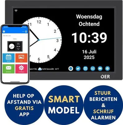 Produktbild von OER Dementie‑Uhr, rechteckig, Schwarz, 31,5 cm Durchmesser, Digitalanzeige, Netzadapter