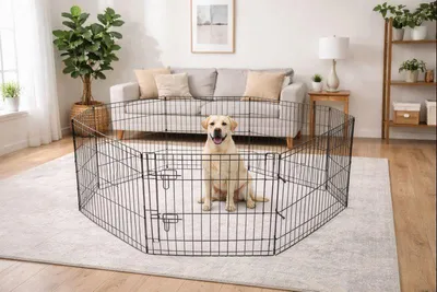 A dog is inside a black metal playpen in a living room.
