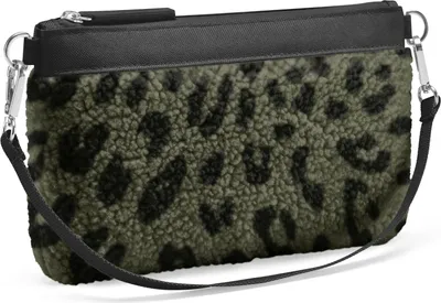 A close-up studio shot of a small pouch bag with a leopard print pattern.