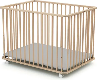 A wooden baby playpen with a gray mat inside, shown from a slightly elevated angle on a white background.
