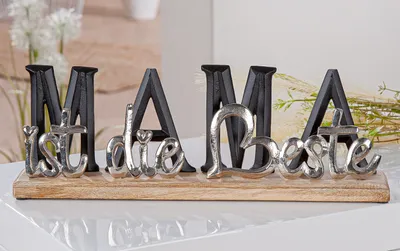 Produktbild von Gilde Schriftzug, "MAMA ist die Beste", Schriftzug, Aluminium, Mangoholz, schwarz, silberfarben, VE 2, L. 6 cm, B. 38 cm, H. 13 cm Höhe: 13.00 cm Breite: 38.00 cm Tiefe: 6.00cm 53342