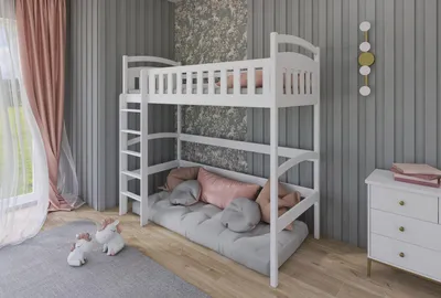 Produktbild von Hochbett 90x200 mit Lattenrost und Rausfallschutz, aus Vollholz massiv in weiss, Funktionsbett Jugendbett