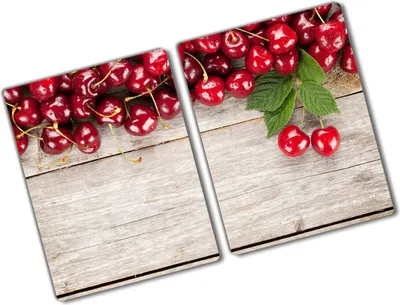 Produktbild von Tulup Glas Herdabdeckplatte - 2x40x52 cm - Glaskeramikkochfeld-Abdeckung Spritzschutz Glasabdeckplatte Kochplattenabdeckung und Schneidebrett - Zweiteilig - Essen & Getränke - Kirschen auf Holz - Rot