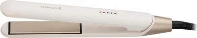 A white and gold Remington hair straightener is shown against a white background.
