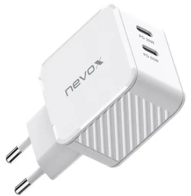 Imagen del producto de Cargador nevox de 65W con doble puerto USB-C y tecnología PD, color blanco