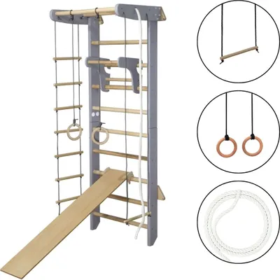 Image de Espalier pour la maison - Structure d'escalade en bois pour enfants avec barre de traction et toboggan - Numi Plus, gris