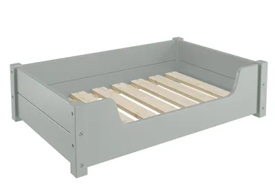 A pet bed with a wooden slatted base and gray sides, shown from a diagonal angle against a white background.