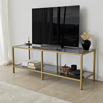 Produktbild von Skye Decor, Basic - Dark Grey, Gold, TV-Ständer, 100 % gehärtetes Glas, Dunkelgrau, 130 x 40 x 45 cm