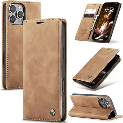 A collage of images showing a brown leather flip case for a smartphone, with different angles and views of the case and the phone inside.